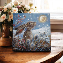 Load image into Gallery viewer, ICE MOON HARE Ceramic Art Tile by Judith Yates 20x20 cm – Nature Wall Décor, Winter Scene, Ready to Hang
