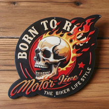 Laden Sie das Bild in den Galerie-Viewer, Flaming Skull Metal Wall Art | Born to Ride Motorcycle Biker Decor Sign 34x30cm