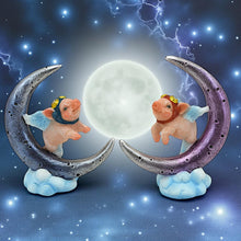 Laden Sie das Bild in den Galerie-Viewer, Whimsical Flying Pigs on Moon Figurine Pair Cute Fantasy Ornaments Home Deco