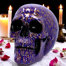 Laden Sie das Bild in den Galerie-Viewer, Gothic Indigo Skull Ornament Fantasy Figurine with Gold Patterns Romantic Art Decor Statue
