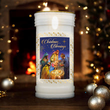 Laden Sie das Bild in den Galerie-Viewer, Christmas Blessings Nativity Pillar Candle with Gold Foil – 14x6cm Christmas Decor, Festive Holy Family Scene Candlelight, Religious Holiday Ornament