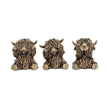 Load image into Gallery viewer, Three Wise Highland Cow Figurines Gold Farm Animal See Hear Speak Set
