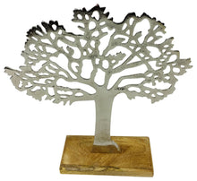 Load image into Gallery viewer, Contemporary Silver Tree Decor - Metal Ornament with Wooden Base, Perfect Gift