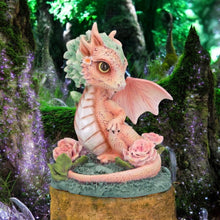 Load image into Gallery viewer, Adorable Baby Dragon Figurine Pink & Green with Roses – Fantasy Resin Ornament 11cm