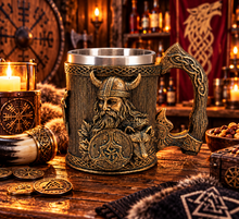 Laden Sie das Bild in den Galerie-Viewer, Viking Beer Tankard Warrior Wolf Shield Norse Nordic Medieval Fantasy Mug Gift