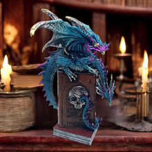 Laden Sie das Bild in den Galerie-Viewer, Blue Alchemy Dragon Figurine - Skull Book Sculpture Gothic Fantasy Ornament