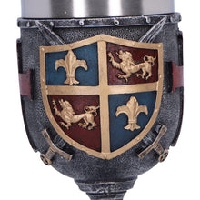 Load image into Gallery viewer, Medieval Knight Goblet Sword Stem Chalice with Heraldic Crest Gothic Fantasy Drinkware