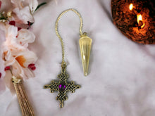 Load image into Gallery viewer, Divination Clear Quartz Dowsing Pendulum with Celtic Cross Charm – Energy Healing Crystal Pendulum, Spiritual Reiki Infused-OsirisTradingUK