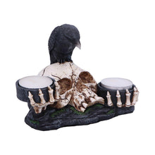 Laden Sie das Bild in den Galerie-Viewer, Gothic Skull Candle Holder with Raven - Dark Home Decor Ornament 15cm