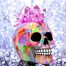 Laden Sie das Bild in den Galerie-Viewer, Psychedelic Crystal Skull with Light Up Mohawk Vibrant Gothic Figurine Alternative Art