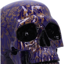Laden Sie das Bild in den Galerie-Viewer, Gothic Indigo Skull Ornament Fantasy Figurine with Gold Patterns Romantic Art Decor Statue