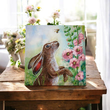 Load image into Gallery viewer, HOLLYHOCK HARE Ceramic Art Tile by Judith Yates - 20x20 cm, Handcrafted Wall Art