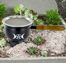 Load image into Gallery viewer, Triple Moon Incense Burner with Wooden Handle | Artisanal Wood & Metal Incense Holder for Spiritual Practice-OsirisTradingUK