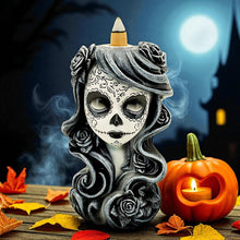 Laden Sie das Bild in den Galerie-Viewer, Gothic Backflow Incense Burner Day of the Dead Lady Skull Holder Halloween Art