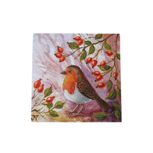 Load image into Gallery viewer, ROSE HIP ROBIN Ceramic Art Tile by Judith Yates - 20x20 cm - Ready to Hang - Collectible Home Decor
