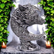 Load image into Gallery viewer, Celtic Crescent Wolf and Moon Ornament Knotwork Sculpture ancient symbolism