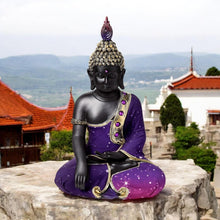 Laden Sie das Bild in den Galerie-Viewer, Thai Buddha Meditation Figurine | Black & Purple Zen Statue | 30cm Resin Home Decor