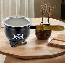 Load image into Gallery viewer, Triple Moon Incense Burner with Wooden Handle | Artisanal Wood & Metal Incense Holder for Spiritual Practice-OsirisTradingUK