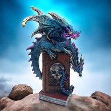 Laden Sie das Bild in den Galerie-Viewer, Blue Alchemy Dragon Figurine - Skull Book Sculpture Gothic Fantasy Ornament