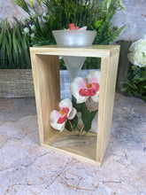 Laden Sie das Bild in den Galerie-Viewer, Elegant Orchid Artificial Flower Arrangement with Wooden Candle Holder - 19 cm Tall - White-OsirisTradingUK