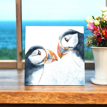 Load image into Gallery viewer, Puffins Ceramic Art Tile by Val Goldfinch 20x20 cm | Wall Art Decor | Ready to Hang | Unique Gift in Box