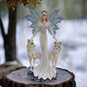 Mystic Winter Guardian Angel with Wolves Statue | Ethereal Ice Wolf Companions Figurine | Celestial Resin Sculpture |  Majestic Decor