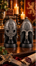 Load image into Gallery viewer, Pair of Medieval Knight Helmet Statues Gothic Armour Figurines Silver 15.8cm