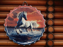 Laden Sie das Bild in den Galerie-Viewer, Horse at Sunset Metal Wall Plaque – Galloping Stallion Ocean Scene Bottle Cap Art 40cm