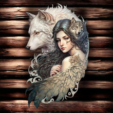 Load image into Gallery viewer, Mystic Wolf Spirit Metal Wall Sign - Enchanting Woman and Wolves Art - Elegant Fantasy Decor - Nature Inspired Gift