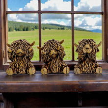 Load image into Gallery viewer, Three Wise Highland Cow Figurines Gold Farm Animal See Hear Speak Set