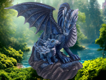 Load image into Gallery viewer, Guardian Azure Dragon & Hatchling Figurine, Mythical Sapphire Dragon Statue, Enchanting Fantasy Creature Ornament, Magic Dragon Decor-OsirisTradingUK