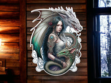 Load image into Gallery viewer, Mystical Maiden and Dragon Companions Metal Sign Wall Art – Enchanted Fantasy-Inspired Decor for Home or Office-OsirisTradingUK