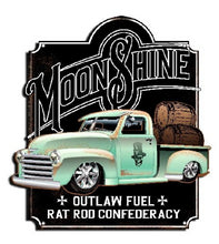Load image into Gallery viewer, Vintage Moonshine Outlaw Fuel Metal Wall Sign - Rat Rod Confederacy Truck Decor, Retro Automotive Art, Classic Americana Display, 40x38cm
