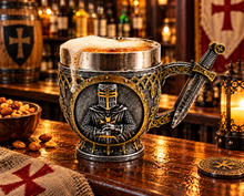 Load image into Gallery viewer, Medieval Crusader Knight Drinking Tankard Gothic Silver Gold Mug Home Bar Decor