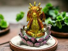 Load image into Gallery viewer, Golden Dragon Lotus Throne Figurine - Mystical Resin Dragon Statue for Home Decor and Enchantment, 10cm-OsirisTradingUK