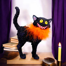 Load image into Gallery viewer, Furdinand Black Cat Figurine with Orange Feather Boa – 23cm Quirky Halloween Decor
