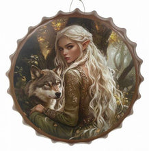 Laden Sie das Bild in den Galerie-Viewer, Fantasy Elf and Wolf Metal Wall Plaque Magical Woodland Decorative Sign Art 40 cm