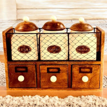 Load image into Gallery viewer, Rustic Wooden Tea Coffee Sugar Storage Rack with Ceramic Jars and Drawers - Wall Mountable