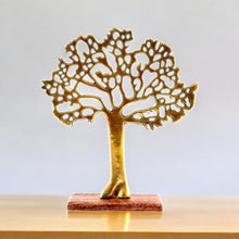 Load image into Gallery viewer, Antique Gold Tree of Life Ornament - Home Decor on Wooden Plinth, 35cm
