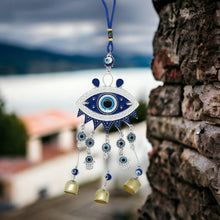 Load image into Gallery viewer, Evil Eye Wind Chime for Protection - Blue Beaded Metal Hanging Decor - 34cm Harmonic Bells - Spiritual Guard and Home Charm