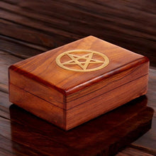 Load image into Gallery viewer, Sheesham Wood Pentagram Jewellery Box Pagan Witchcraft Altar Storage Chest 17.5cm