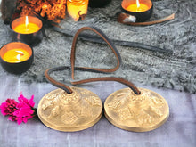 Load image into Gallery viewer, Bronze Tingsha Cymbals with 8 Auspicious Signs, Tibetan Meditation Bells, 6cm Chimes with Leather Strap, Ritual Instrument with Tibetan Box-OsirisTradingUK