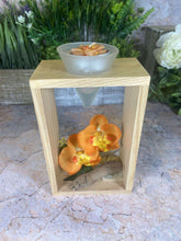 Laden Sie das Bild in den Galerie-Viewer, Elegant Orchid Artificial Flower Arrangement with Wooden Candle Holder - 19 cm Tall-OsirisTradingUK