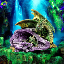 Load image into Gallery viewer, Majestic Dragon Family Figurine - Green & Purple Resin Statue Fantasy Decor