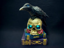 Load image into Gallery viewer, Mystical Raven on LED Skull with Witchcraft Books | Gothic Home Decor | Halloween Decoration Raven Figurine | Witchcraft Gift | Occult Decor-OsirisTradingUK