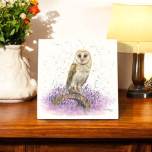 Load image into Gallery viewer, OLIVIA Owl Ceramic Art Tile by Bree Merryn – 20x20 cm Ready to Hang – Nature-Inspired Decor with Lavender Theme