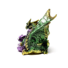 Load image into Gallery viewer, Majestic Dragon Family Figurine - Green & Purple Resin Statue Fantasy Decor