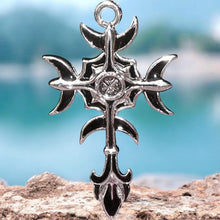 Load image into Gallery viewer, Gothic Moon Cross Pendant - Arcane Symbol of King Zagan, Wit and Wisdom Talisman, Pewter Necklace with Gift Box