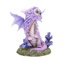 Load image into Gallery viewer, Cute Lavender Dragon Figurine – Mythical Fantasy Resin Statue with Floral Base 12cm