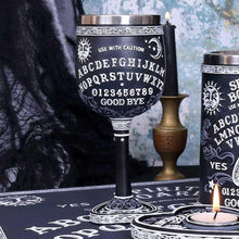 Load image into Gallery viewer, Black & White Spirit Board Goblet Glass | Gothic Planchette Stem Design | Gift Boxed
